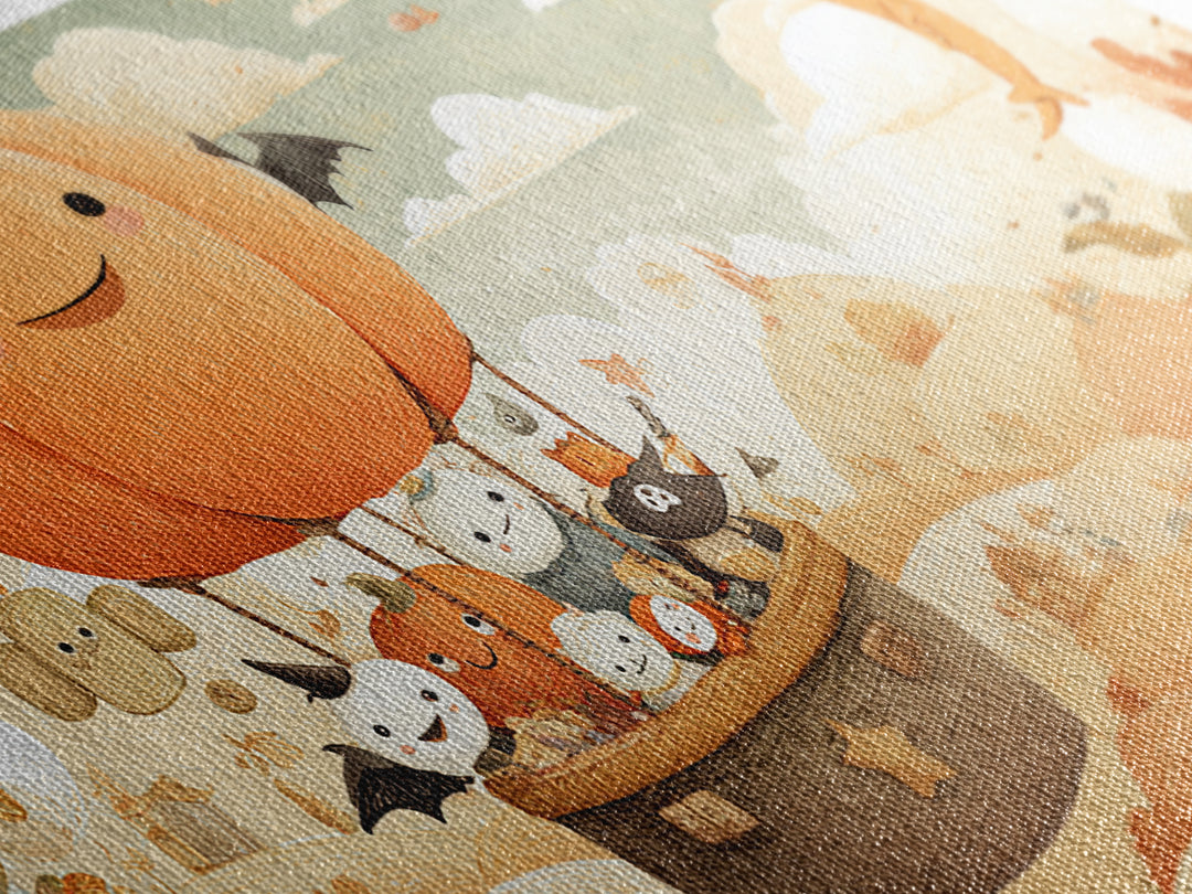 The Pumpkin Hot-Air Balloon, Kawaii Halloween Art, Wide Panoramic Art, Framed Canvas Print, Cute Halloween Wall Art