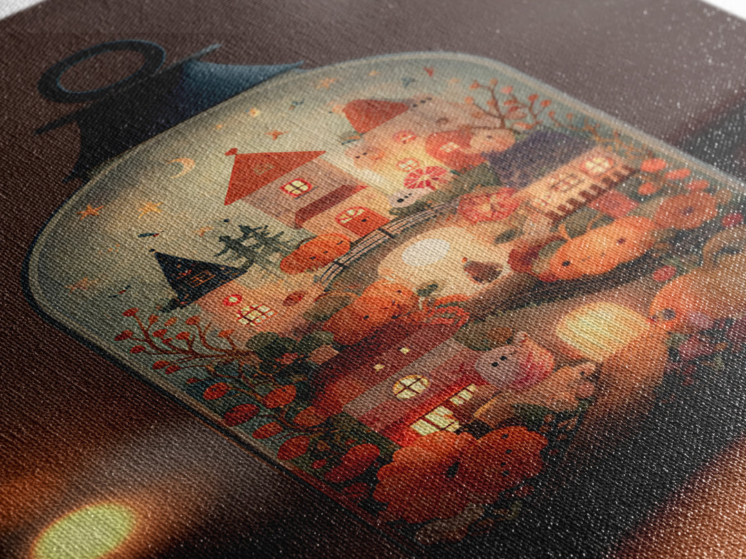 The World Inside A Lantern, Folk Halloween Art, Vertical Wall Art, Canvas Print, Cute Halloween Wall Art