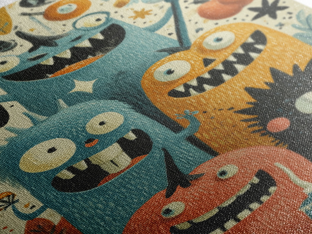 The Monster Toothbrush Club, Retro Halloween Art, Vertical Wall Art, Canvas Print, Cute Halloween Wall Art