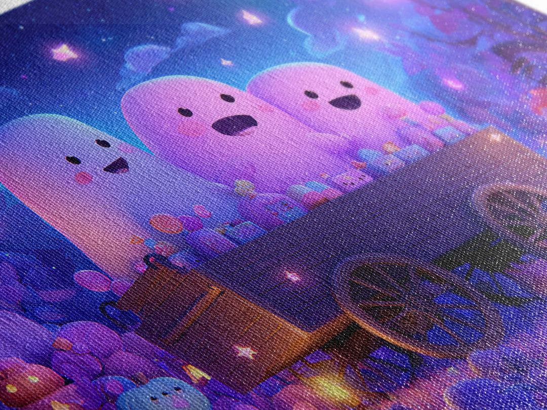 The Friendly Haunted Hayride, Vaporwave Halloween Art, Landscape Wall Art, Framed Canvas Print, Cute Halloween Wall Art