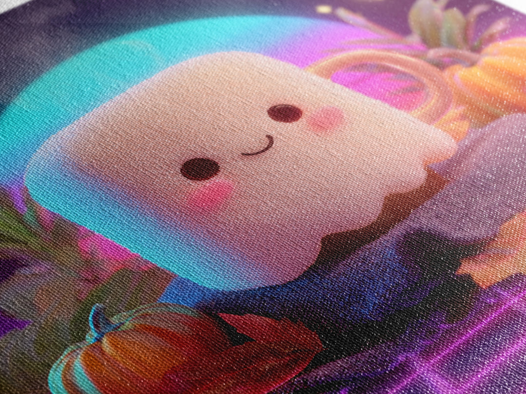 The Marshmallow Ghost, Vaporwave Halloween Decor, Square Wall Art, Framed Canvas Print, Retro Halloween Decor, Neon Wall Art