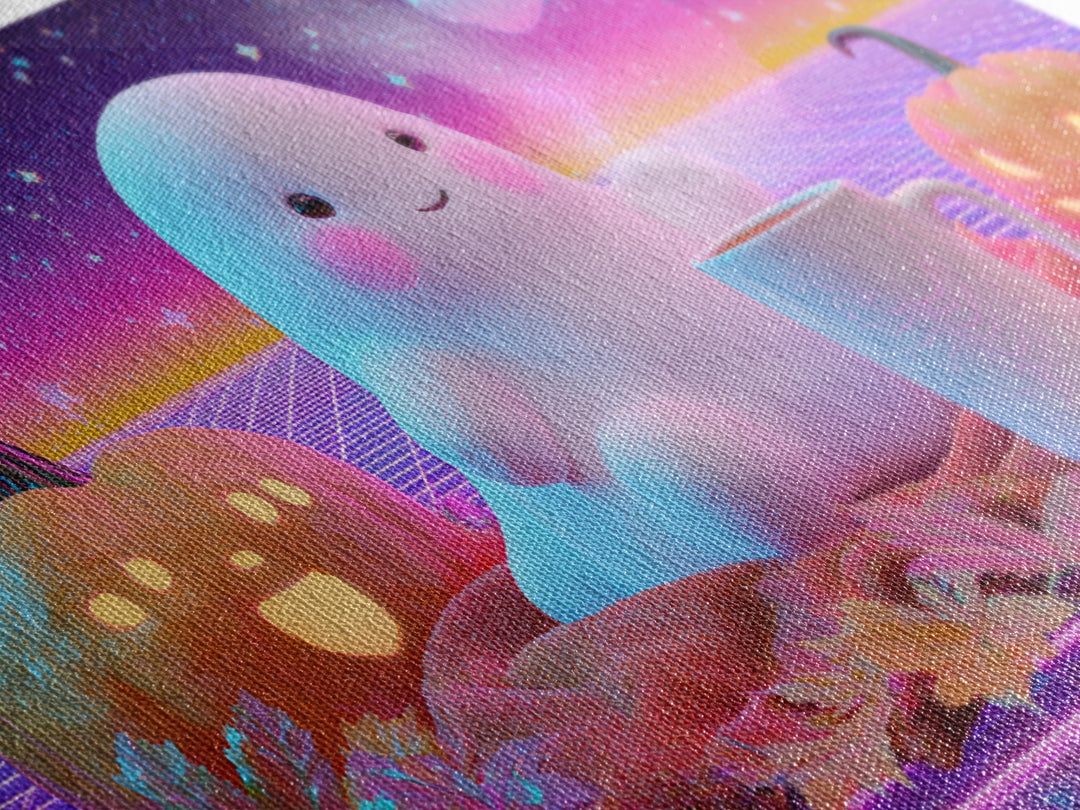 The Marshmallow Ghost, Cute Spooky Neon Art, Wide Panoramic Art, Canvas Print, Retro Halloween Decor, Neon Wall Art, Seasonal Home Decor