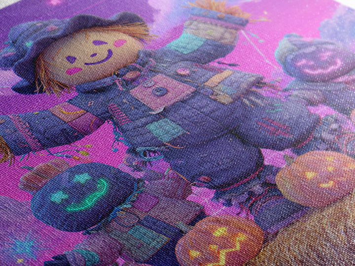 The Button-Nosed Scarecrow, Vaporwave Halloween Decor, Square Wall Art, Canvas Print, Retro Halloween Decor, Neon Wall Art, Macabre Wall Art