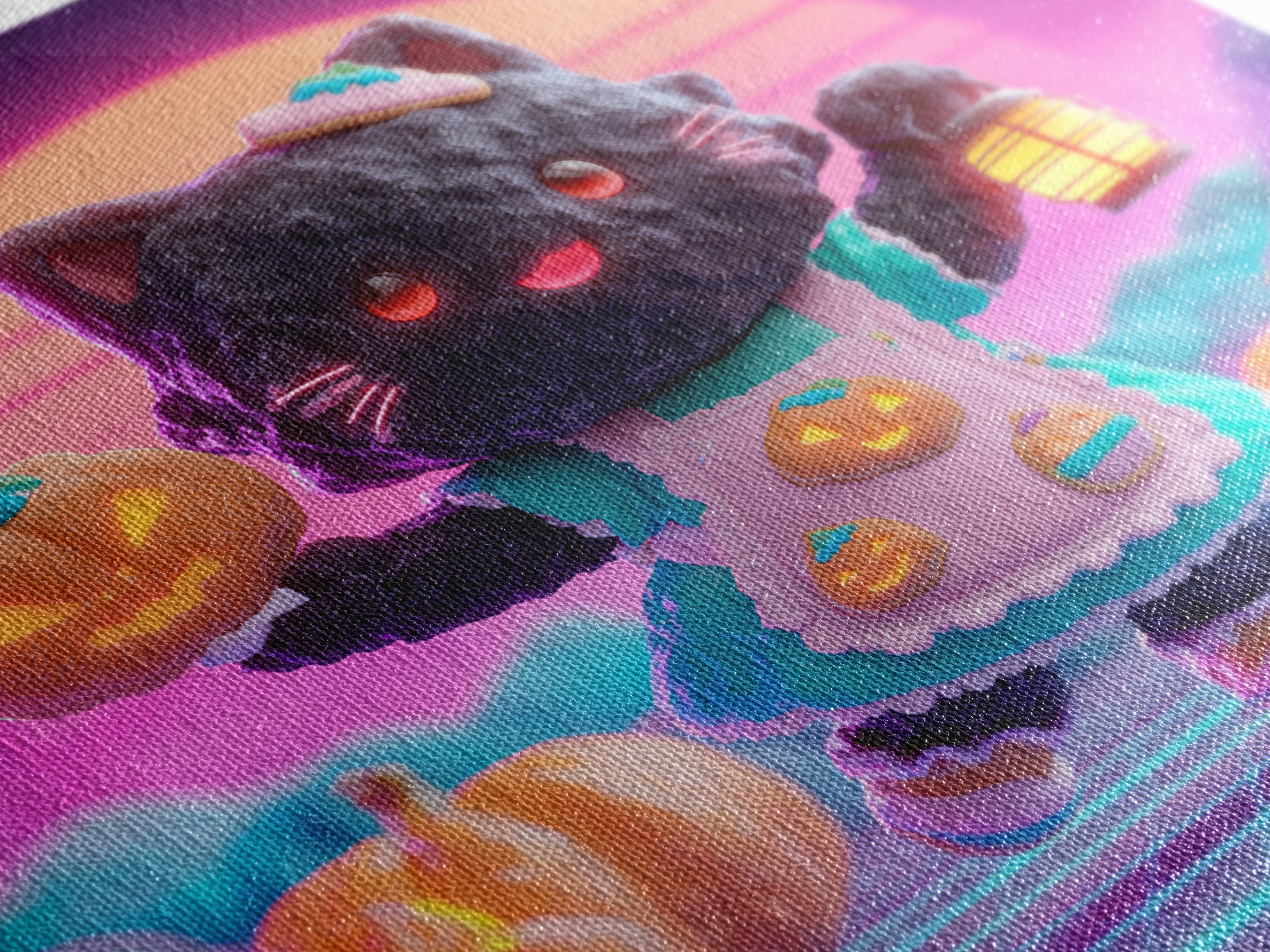 The Black Cat Baker, Vaporwave Halloween Decor, Square Wall Art, Framed Canvas Print, Retro Halloween Decor, Neon Wall Art, Horror Wall Art