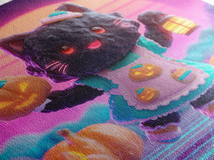 The Black Cat Baker, Vaporwave Halloween Decor, Square Wall Art, Framed Canvas Print, Retro Halloween Decor, Neon Wall Art, Horror Wall Art