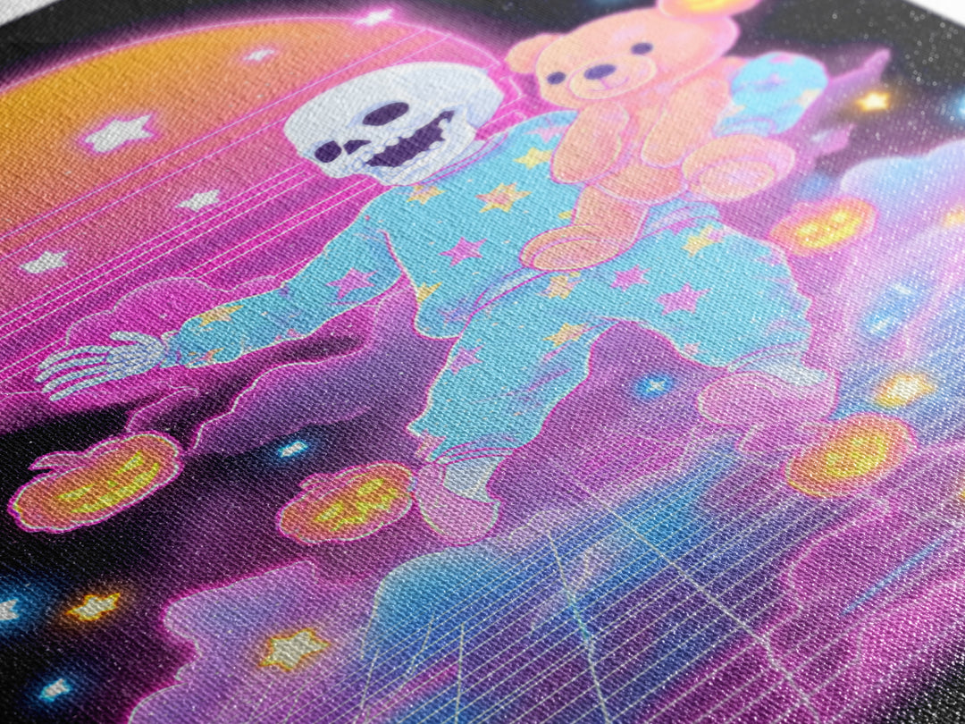 The Pajama Skeleton, Synthwave Halloween Art, Vertical Wall Art, Framed Canvas Print, Retro Halloween Decor, Neon Wall Art