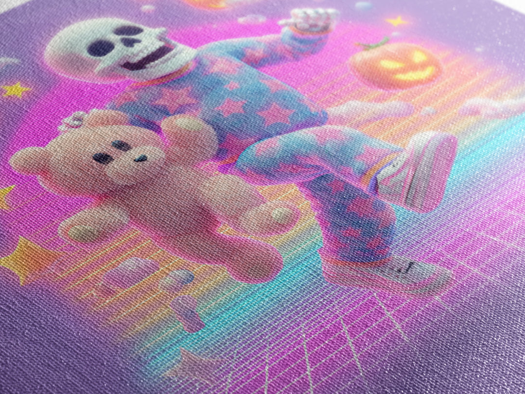 The Pajama Skeleton, Synthwave Halloween Art, Square Wall Art, Canvas Print, Retro Halloween Decor, Neon Wall Art, Spooky Wall Decor