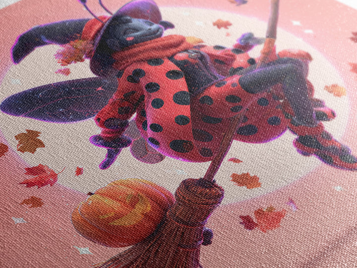 The Ladybug Witch, Retro Neon Halloween Art, Square Wall Art, Canvas Print, Retro Halloween Decor, Neon Wall Art, Halloween Wall Art