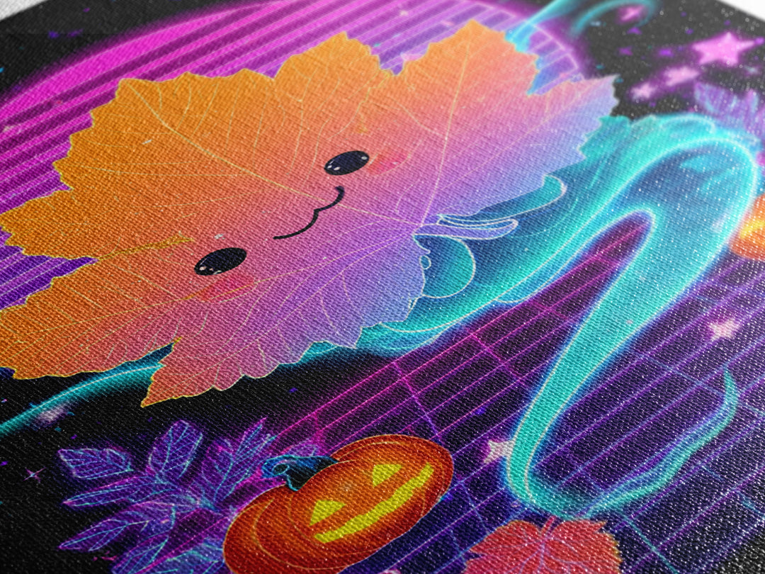 The Autumn Leaf Sprite, Retro Neon Halloween Art, Vertical Wall Art, Canvas Print, Retro Halloween Decor, Neon Wall Art, Horror Wall Art