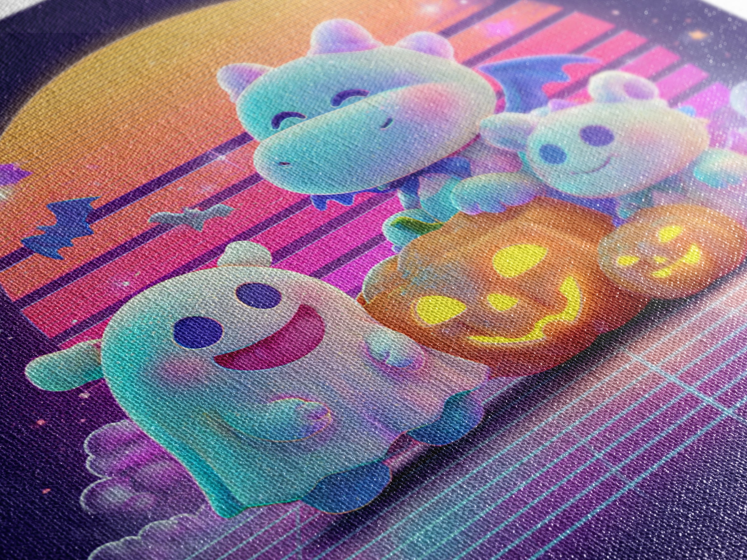 The Sleepy Costume Dragon, Vaporwave Halloween Decor, Square Wall Art, Canvas Print, Retro Halloween Decor, Neon Wall Art