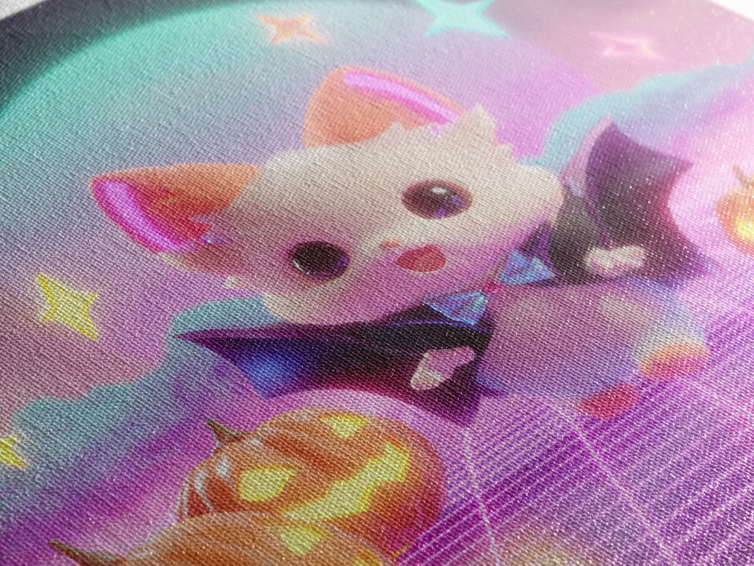 The Kitten Vampire, Vaporwave Halloween Decor, Square Wall Art, Canvas Print, Retro Halloween Decor, Neon Wall Art, Collectible Wall Decor