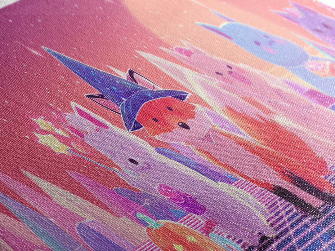 The Fox Wizard, Synthwave Halloween Art, Extra Wide Wall Art, Framed Canvas Print, Retro Halloween Decor, Neon Wall Art, Gothic Home Decor