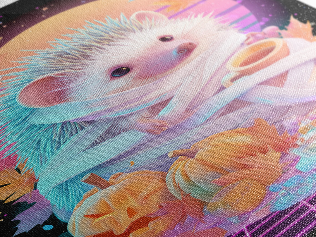 The Hedgehog Mummy, Retro Neon Halloween Art, Vertical Wall Art, Canvas Print, Retro Halloween Decor, Neon Wall Art, Macabre Wall Art