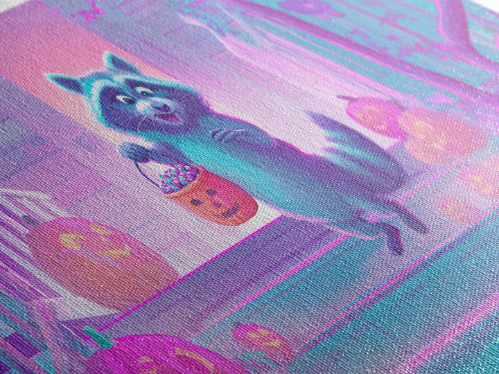 The Raccoon Trick-Or-Treater, Cute Spooky Neon Art, Wide Panoramic Art, Canvas Print, Retro Halloween Decor, Neon Wall Art