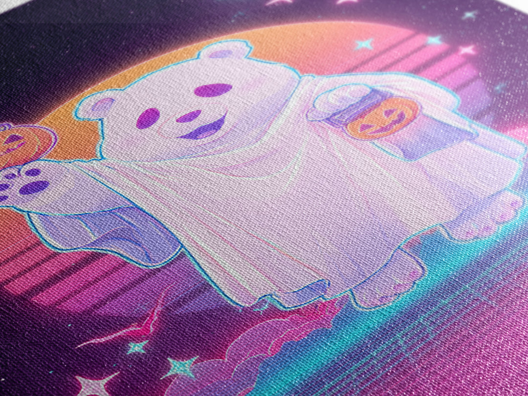 The Bear Cub Ghost, Vaporwave Halloween Decor, Vertical Wall Art, Framed Canvas Print, Retro Halloween Decor, Neon Wall Art, Horror Wall Art
