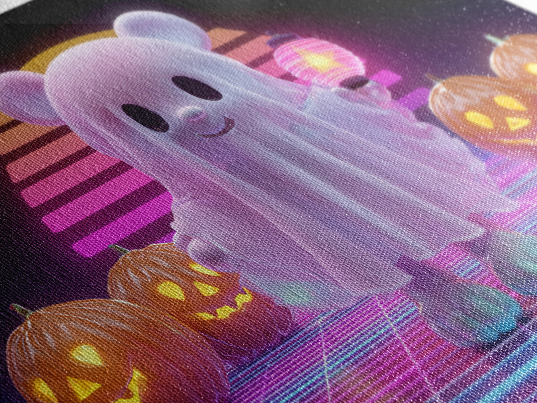 The Bear Cub Ghost, 80s Halloween Wall Art, Landscape Wall Art, Framed Canvas Print, Retro Halloween Decor, Neon Wall Art