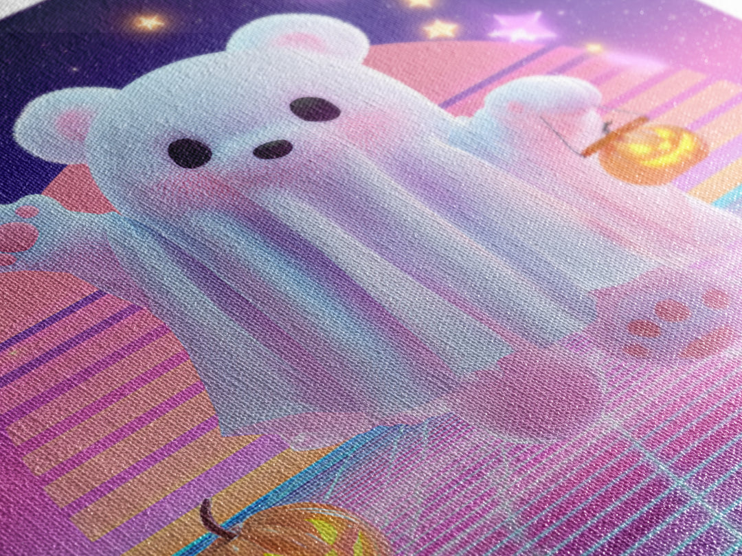 The Bear Cub Ghost, 80s Halloween Wall Art, Square Wall Art, Framed Canvas Print, Retro Halloween Decor, Neon Wall Art