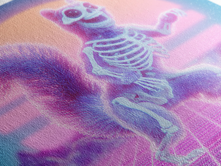 The Squirrel Skeleton, Cute Spooky Neon Art, Square Wall Art, Canvas Print, Retro Halloween Decor, Neon Wall Art, Spooky Wall Decor