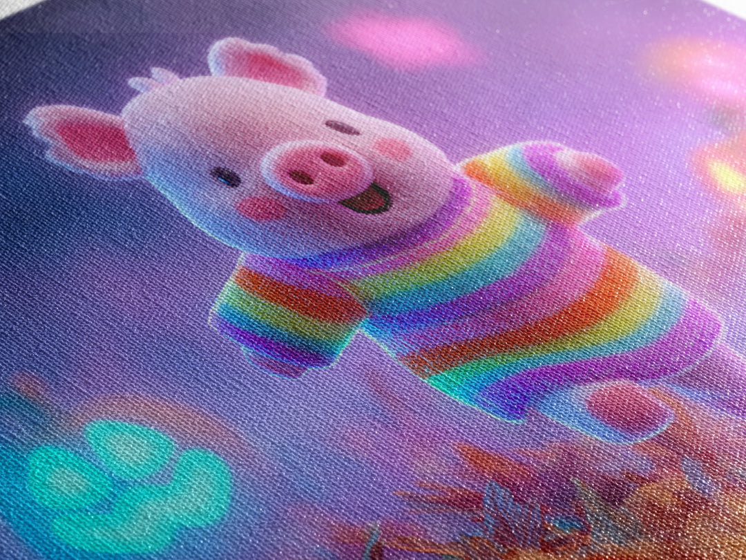 The Candy Corn Piglet, Cute Spooky Neon Art, Landscape Wall Art, Framed Canvas Print, Retro Halloween Decor, Neon Wall Art