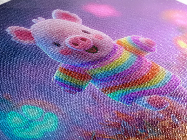 The Candy Corn Piglet, Cute Spooky Neon Art, Landscape Wall Art, Framed Canvas Print, Retro Halloween Decor, Neon Wall Art