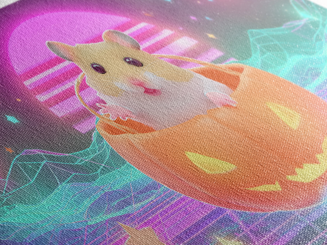 The Pumpkin Hamster, Retro Neon Halloween Art, Wide Panoramic Art, Framed Canvas Print, Retro Halloween Decor, Neon Wall Art
