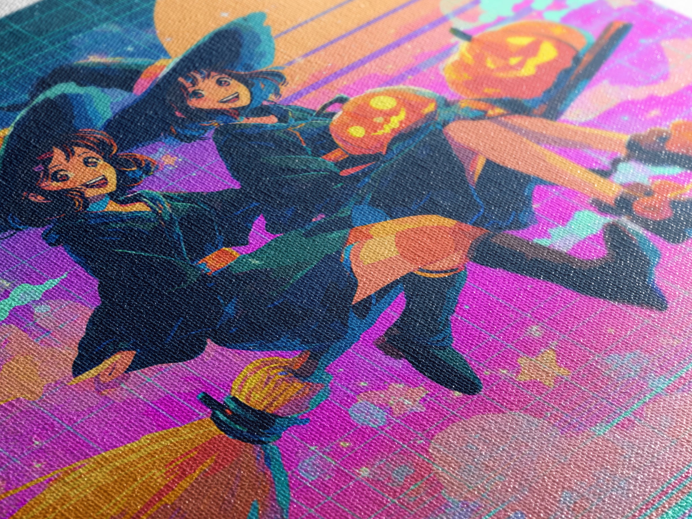 The Twin Broomstick Witches, Vaporwave Halloween Decor, Square Wall Art, Canvas Print, Retro Halloween Decor, Neon Wall Art