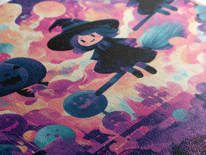 The Witch With A Balloon Broom, Synthwave Halloween Art, Square Wall Art, Canvas Print, Retro Halloween Decor, Neon Wall Art