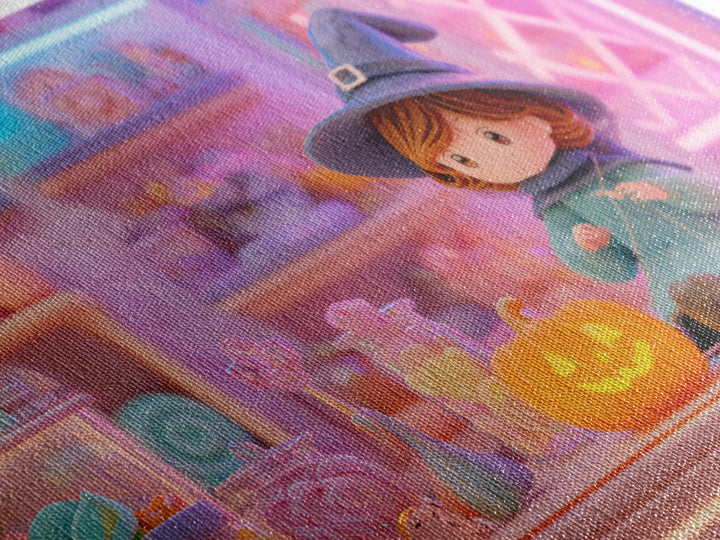 The Tiny Hat Shop Witch, Vaporwave Halloween Decor, Landscape Wall Art, Framed Canvas Print, Retro Halloween Decor, Neon Wall Art