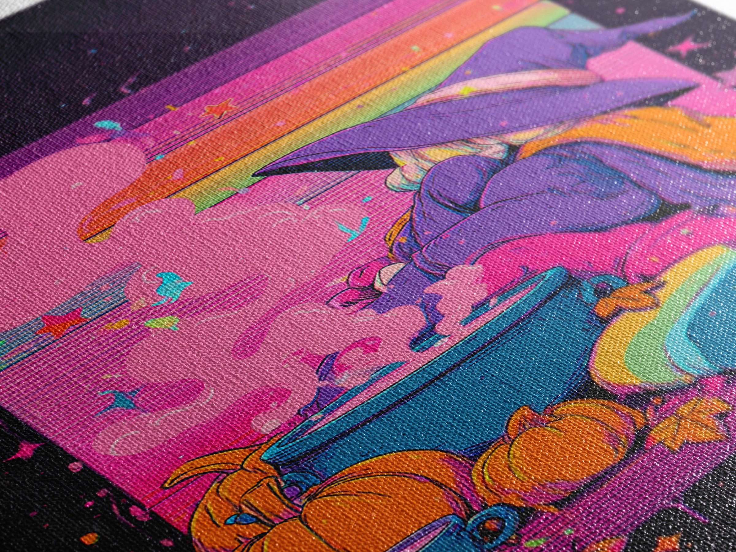The Rainbow-Cauldron Witch, Vaporwave Halloween Decor, Vertical Wall Art, Canvas Print, Retro Halloween Decor, Neon Wall Art