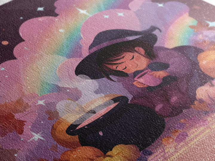 The Rainbow-Cauldron Witch, Vaporwave Halloween Decor, Square Wall Art, Framed Canvas Print, Retro Halloween Decor, Neon Wall Art