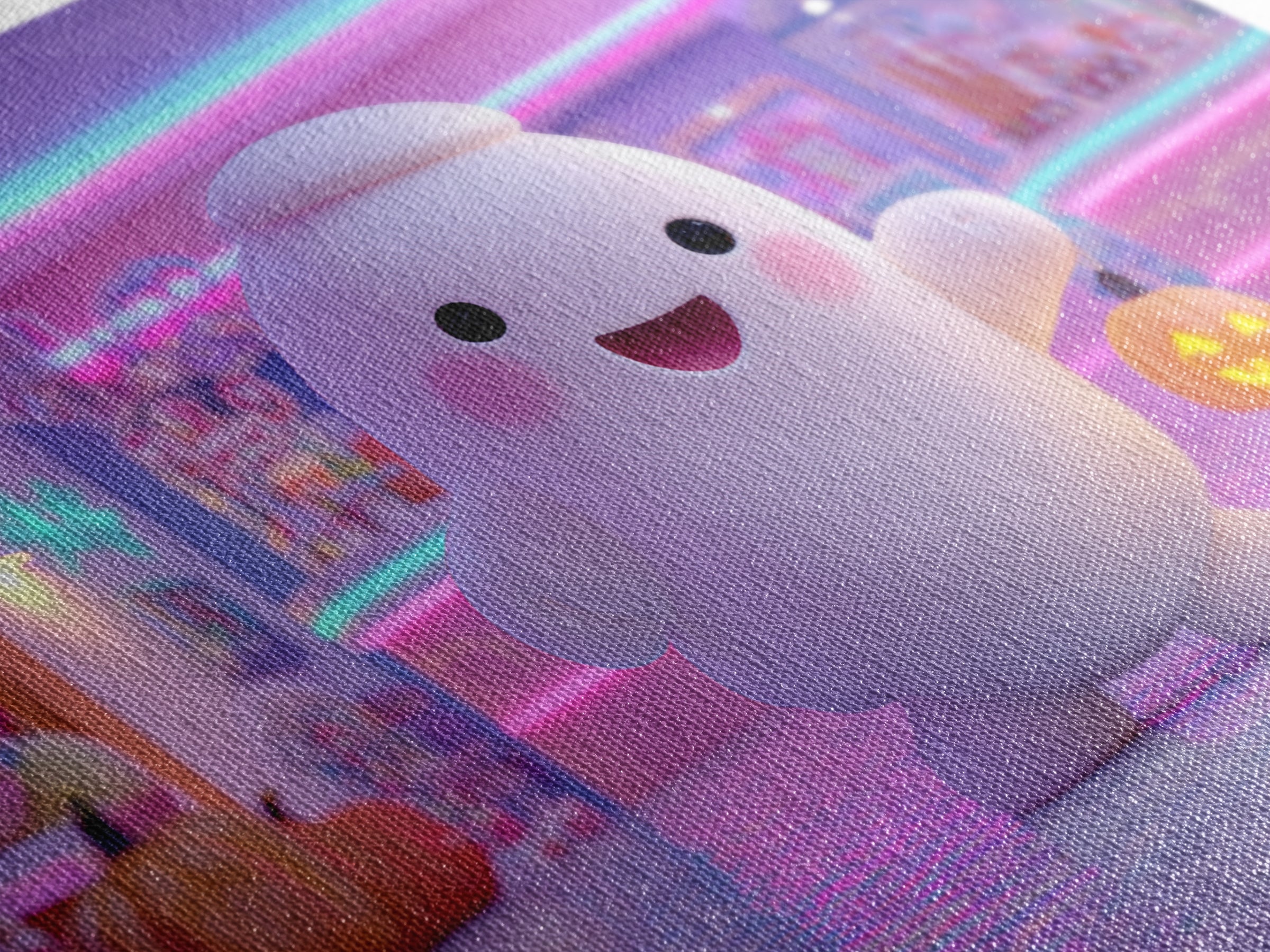 The Friendly Ghost Hotel, Cute Spooky Neon Art, Landscape Wall Art, Canvas Print, Retro Halloween Decor, Neon Wall Art, Macabre Wall Art