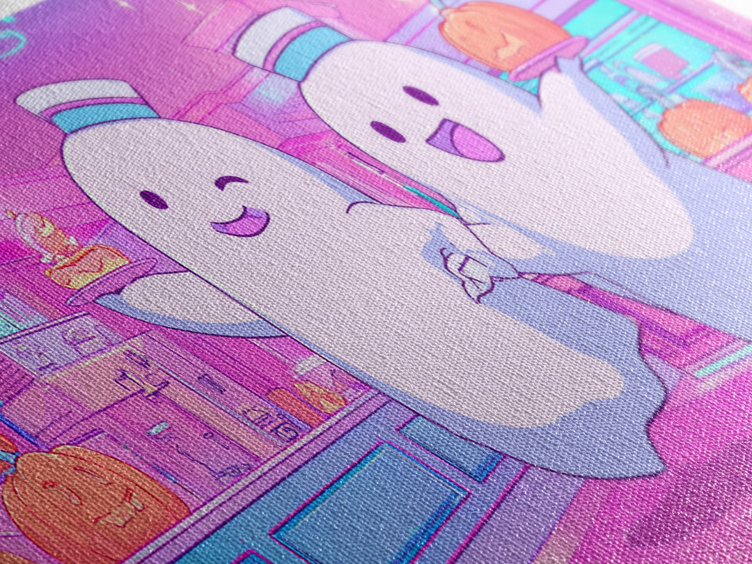 The Friendly Ghost Hotel, Cute Spooky Neon Art, Wide Panoramic Art, Framed Canvas Print, Retro Halloween Decor, Neon Wall Art