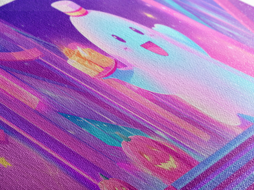 The Friendly Ghost Hotel, Cute Spooky Neon Art, Extra Wide Wall Art, Canvas Print, Retro Halloween Decor, Neon Wall Art, Dark Fantasy Art