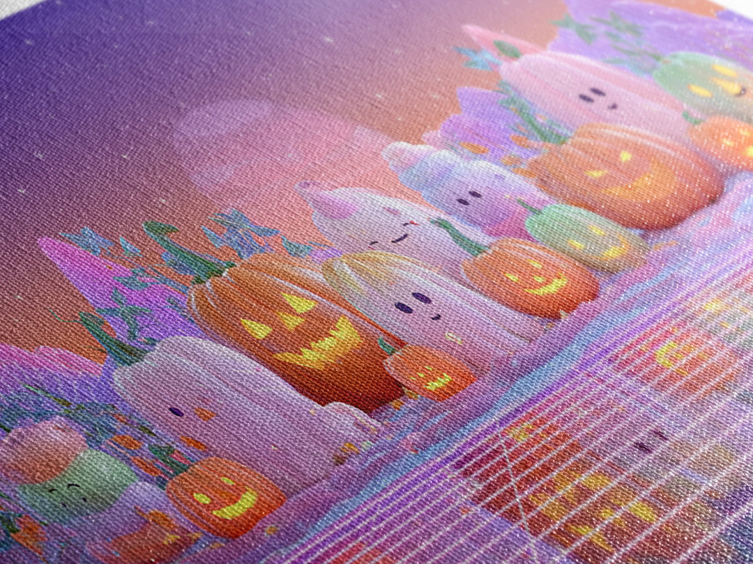 The Pumpkin Patch Playground, Vaporwave Halloween Decor, Wide Panoramic Art, Framed Canvas Print, Retro Halloween Decor, Neon Wall Art