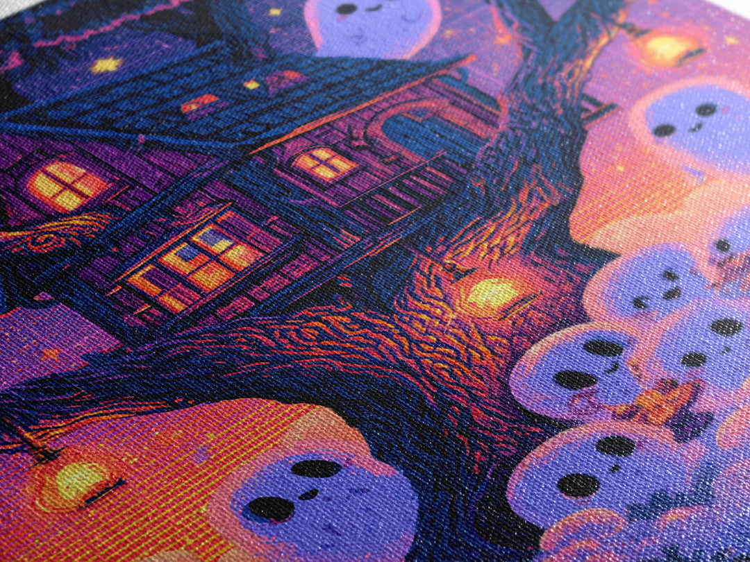 The Ghostly Treehouse, Vaporwave Halloween Decor, Vertical Wall Art, Canvas Print, Retro Halloween Decor, Neon Wall Art, Statement Wall Art