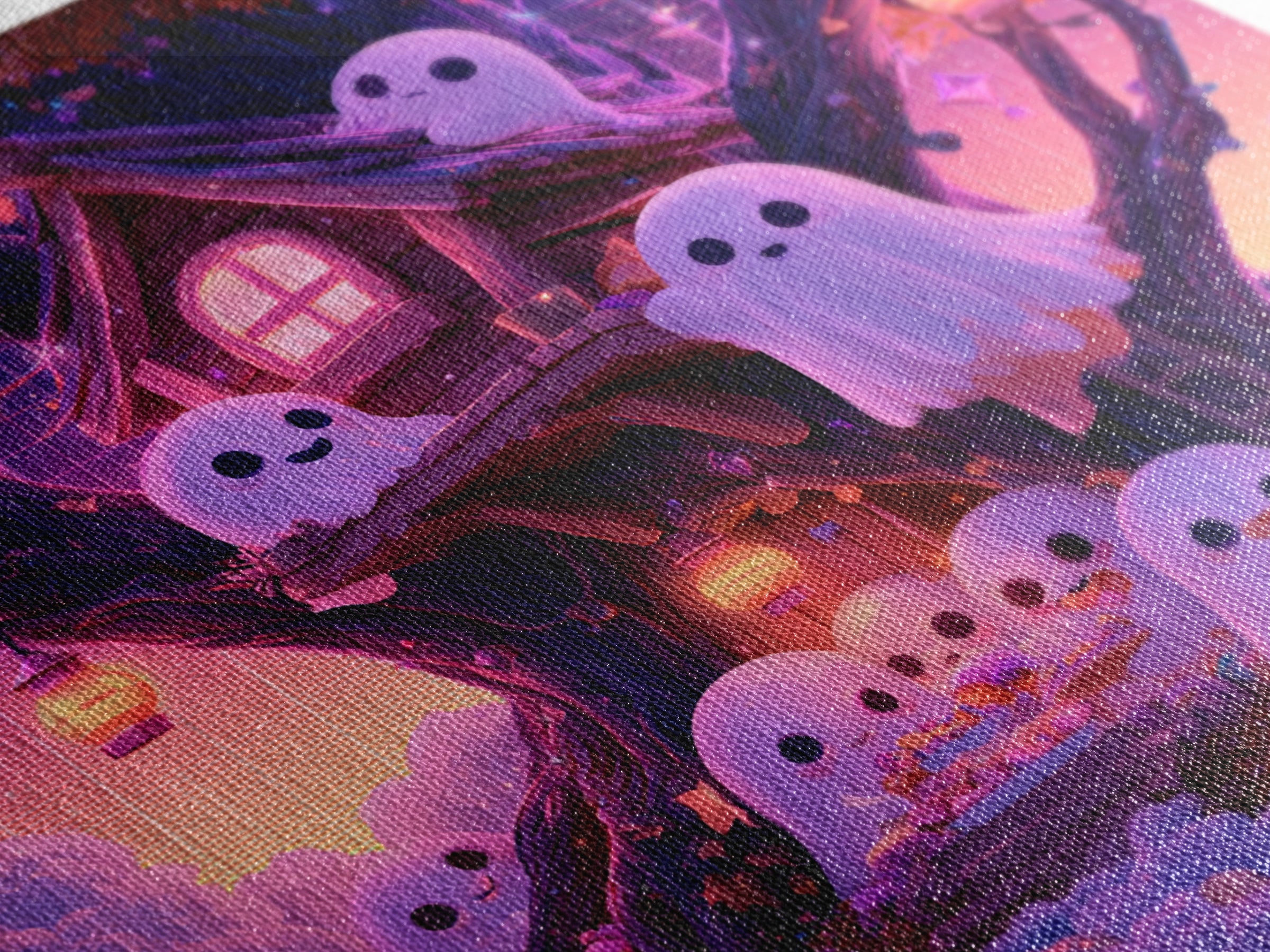 The Ghostly Treehouse, 80s Halloween Wall Art, Square Wall Art, Framed Canvas Print, Retro Halloween Decor, Neon Wall Art