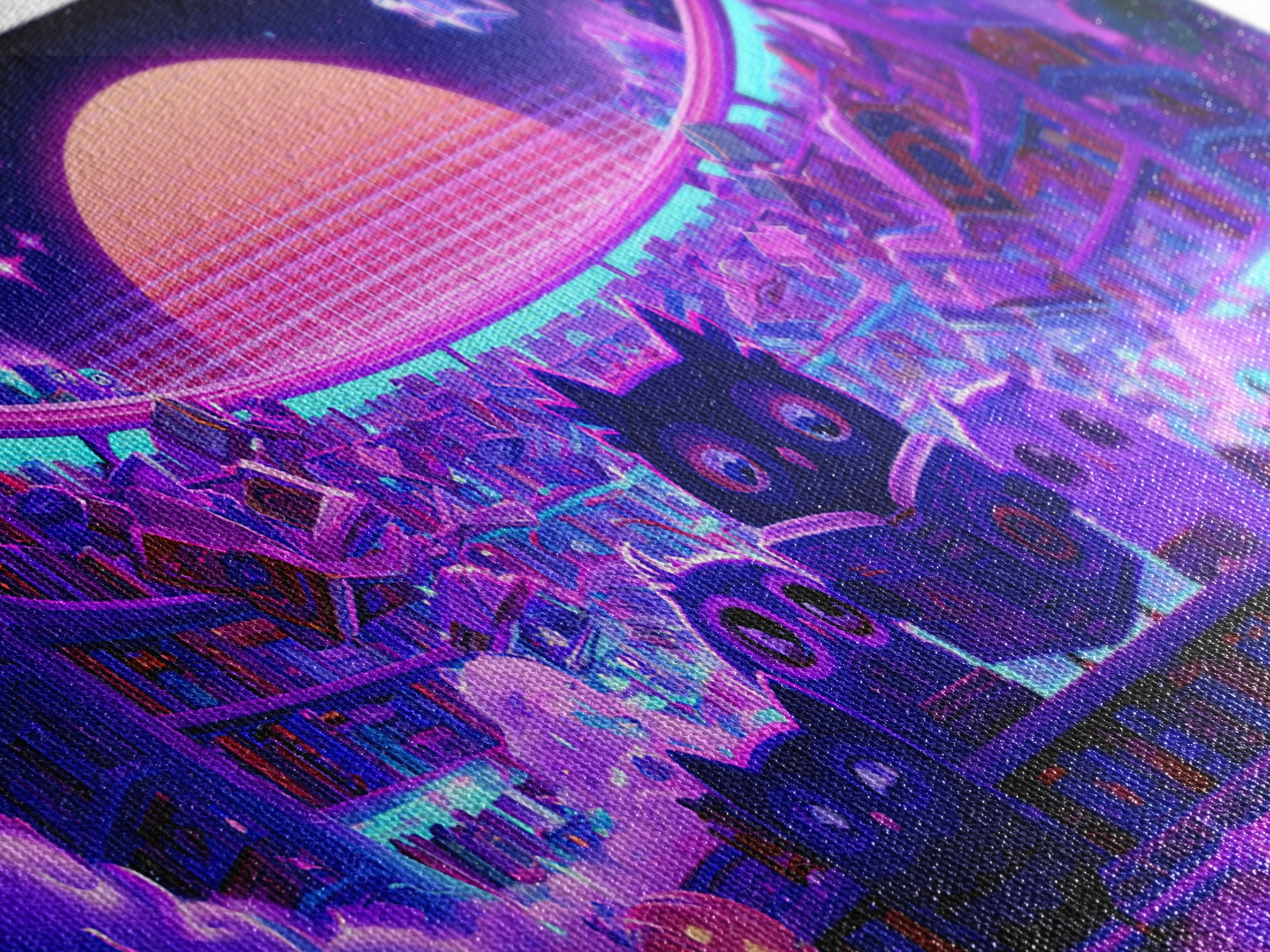 The Moonbeam Library, Vaporwave Halloween Decor, Wide Panoramic Art, Canvas Print, Retro Halloween Decor, Neon Wall Art, Macabre Wall Art