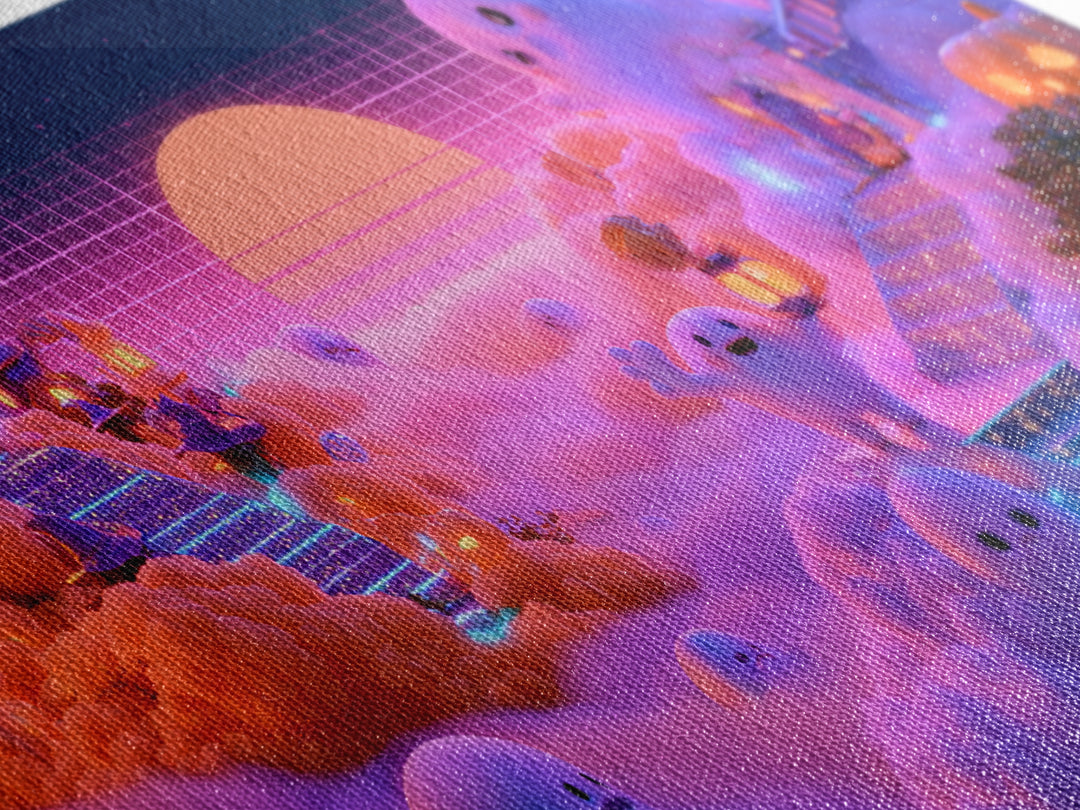 The Halloween Cloud Kingdom, Synthwave Halloween Art, Wide Panoramic Art, Canvas Print, Retro Halloween Decor, Neon Wall Art