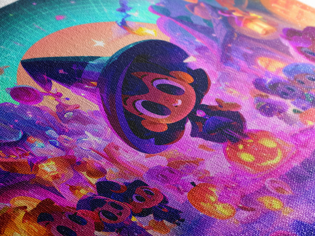 The Trick-Or-Treat Village Square, Synthwave Halloween Art, Landscape Wall Art, Framed Canvas Print, Retro Halloween Decor, Neon Wall Art