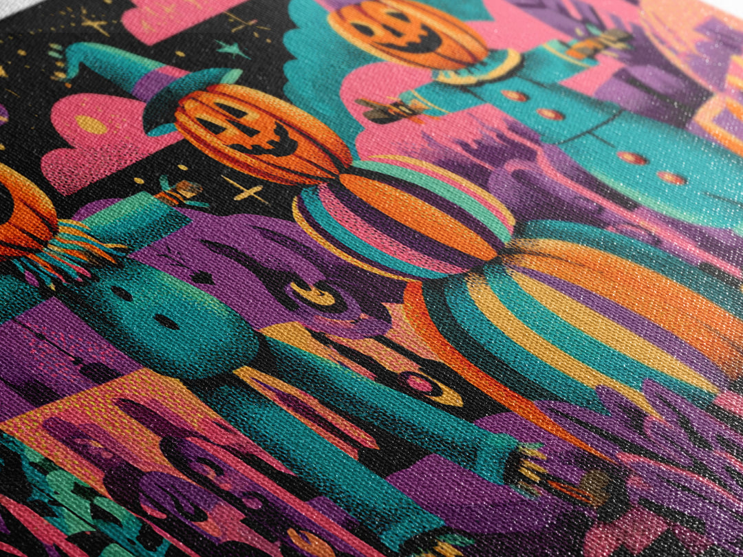 The Starry Pumpkin Farm, 80s Halloween Wall Art, Wide Panoramic Art, Canvas Print, Retro Halloween Decor, Neon Wall Art, Horror Wall Art