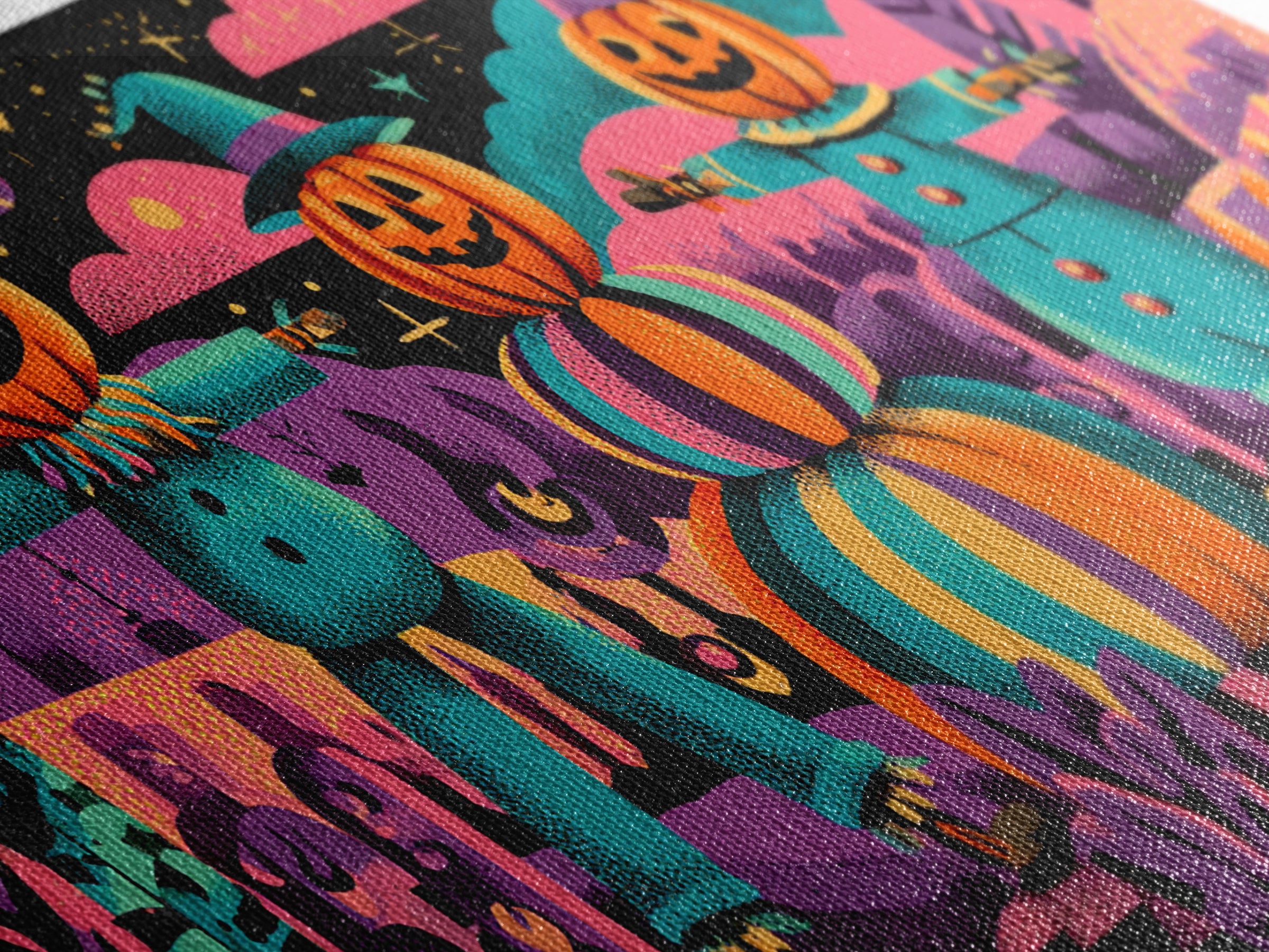 The Starry Pumpkin Farm, 80s Halloween Wall Art, Wide Panoramic Art, Canvas Print, Retro Halloween Decor, Neon Wall Art, Horror Wall Art
