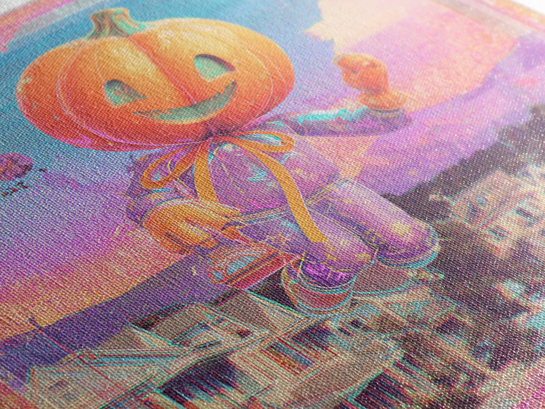 The Pumpkin Balloon Parade, Cute Spooky Neon Art, Square Wall Art, Canvas Print, Retro Halloween Decor, Neon Wall Art, Statement Wall Art