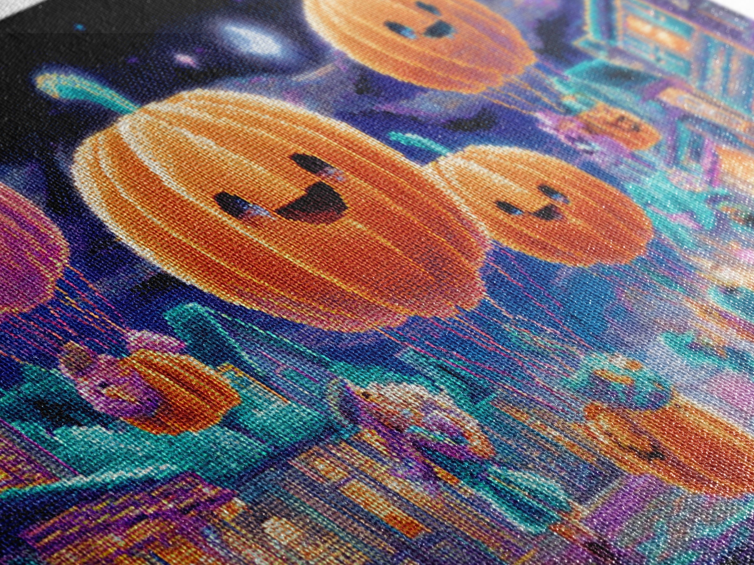 The Pumpkin Balloon Parade, 80s Halloween Wall Art, Wide Panoramic Art, Canvas Print, Retro Halloween Decor, Neon Wall Art