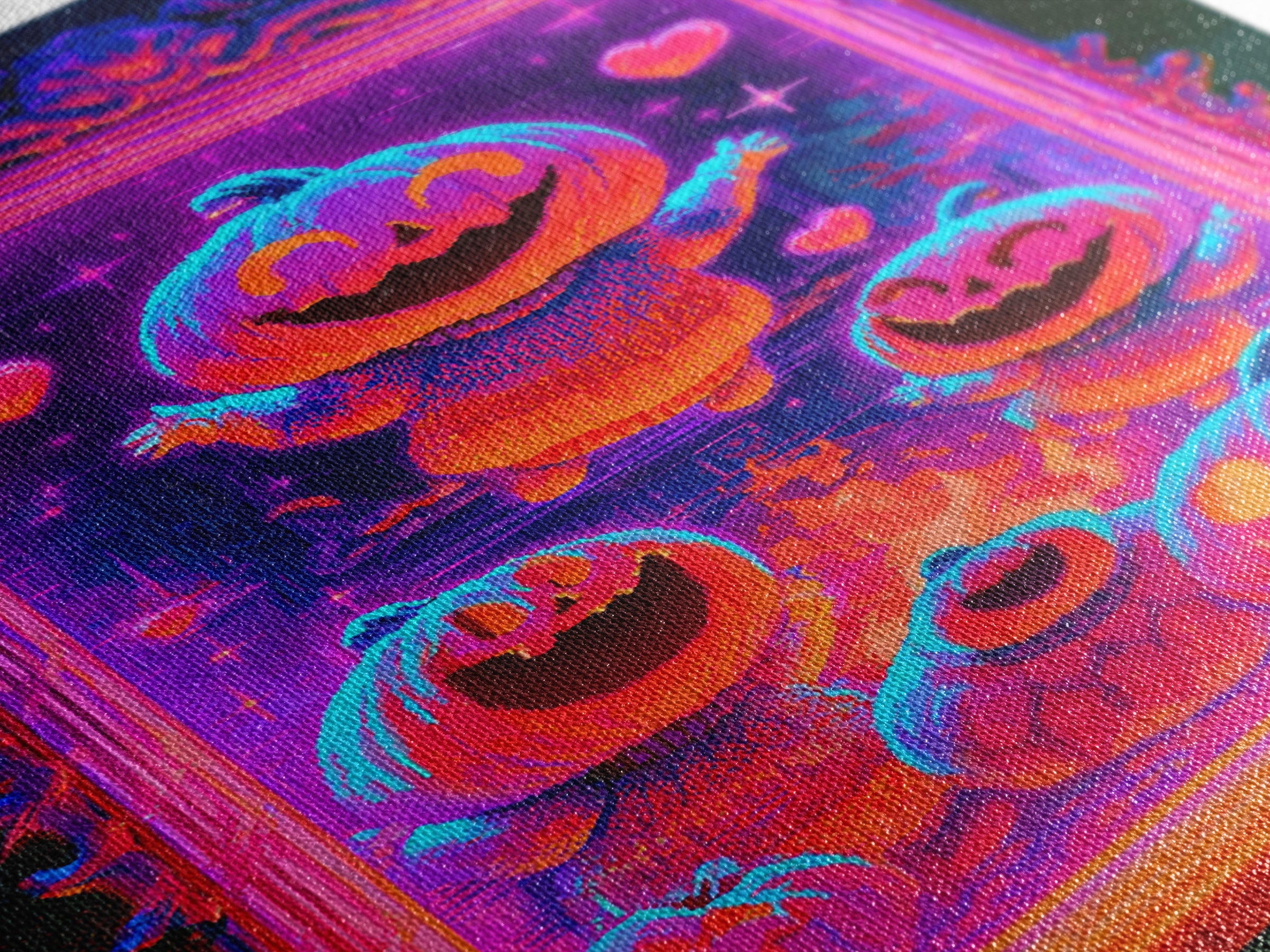 The Pumpkin Family Portrait, Synthwave Halloween Art, Vertical Wall Art, Framed Canvas Print, Retro Halloween Decor, Neon Wall Art