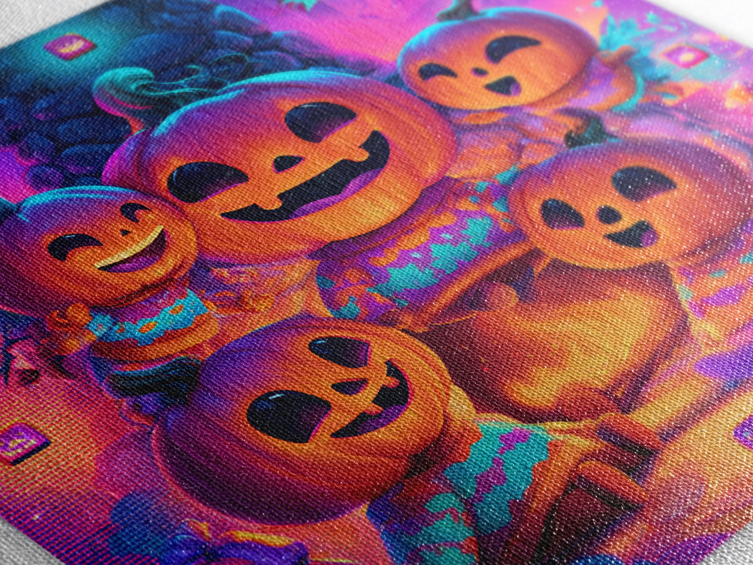 The Pumpkin Family Portrait, 80s Halloween Wall Art, Square Wall Art, Framed Canvas Print, Retro Halloween Decor, Neon Wall Art