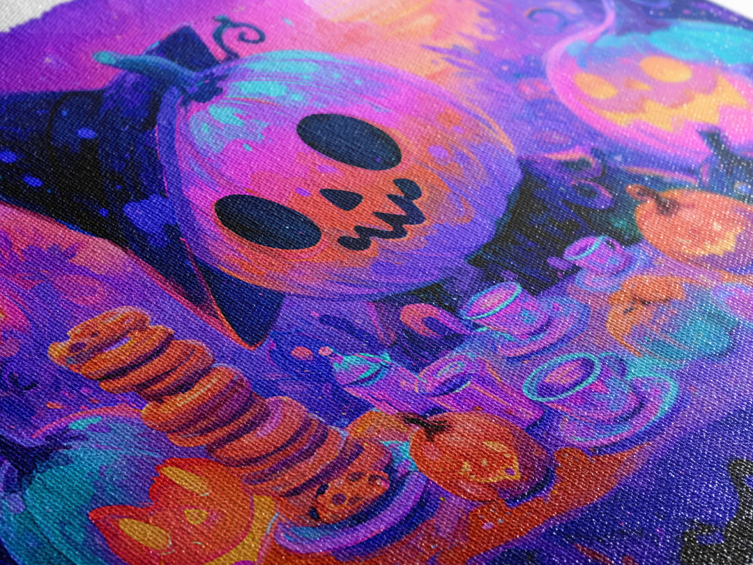 The Pumpkin Tea Party, Retro Neon Halloween Art, Landscape Wall Art, Framed Canvas Print, Retro Halloween Decor, Neon Wall Art