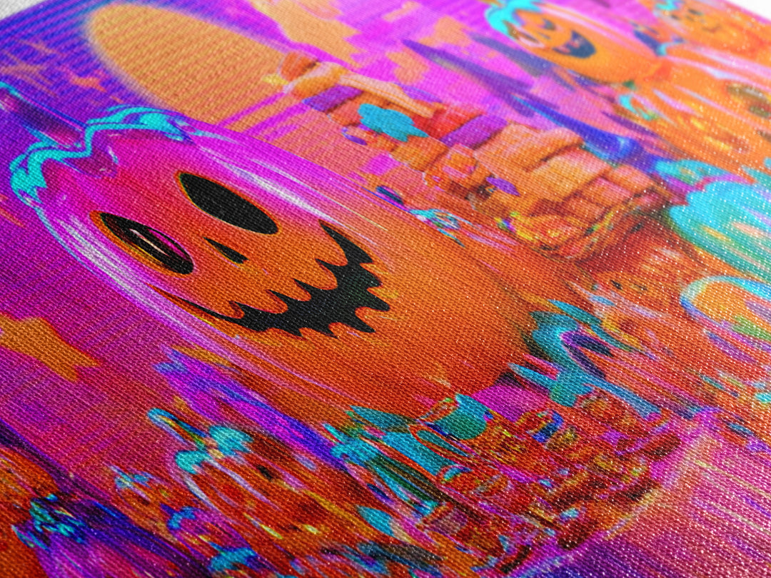 The Pumpkin Tea Party, Cute Spooky Neon Art, Extra Wide Wall Art, Framed Canvas Print, Retro Halloween Decor, Neon Wall Art