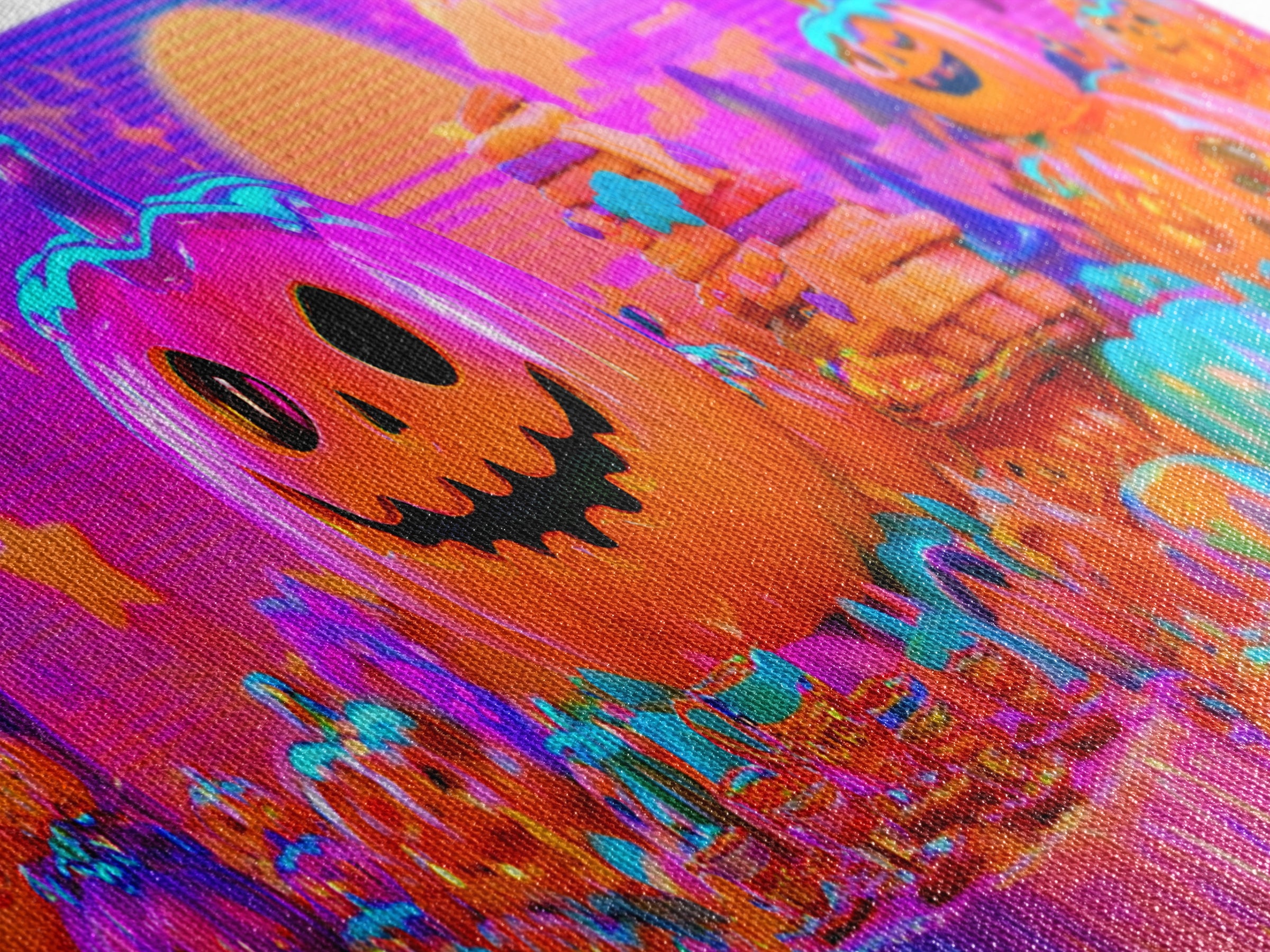 The Pumpkin Tea Party, Cute Spooky Neon Art, Extra Wide Wall Art, Framed Canvas Print, Retro Halloween Decor, Neon Wall Art