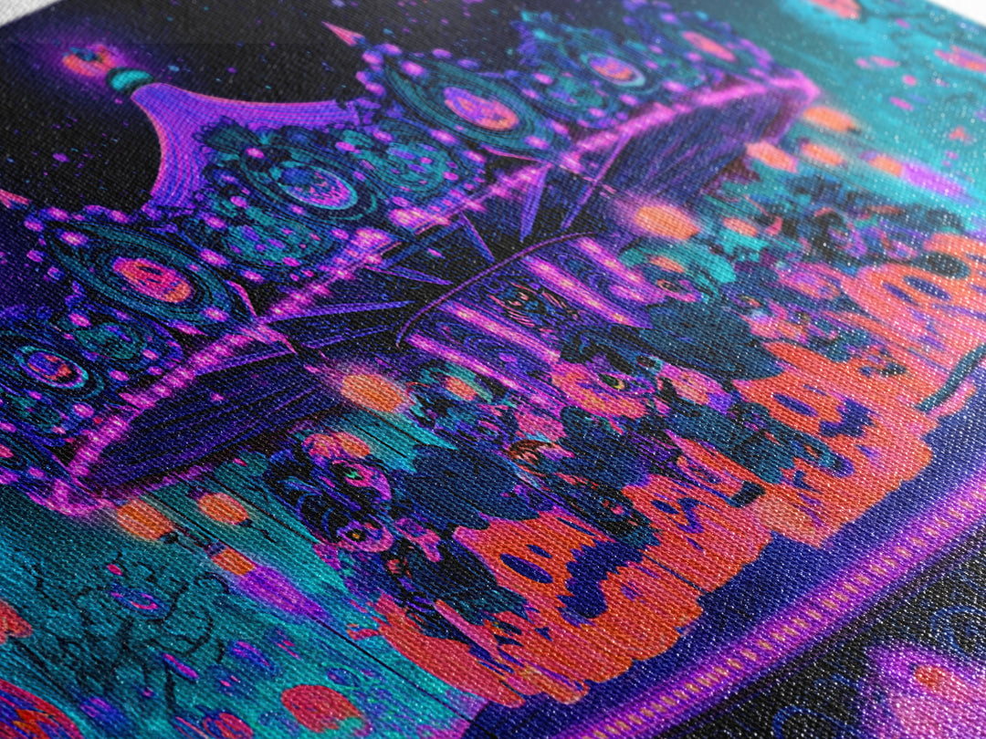 The Pumpkin Carousel, Synthwave Halloween Art, Wide Panoramic Art, Canvas Print, Retro Halloween Decor, Neon Wall Art, Statement Wall Art