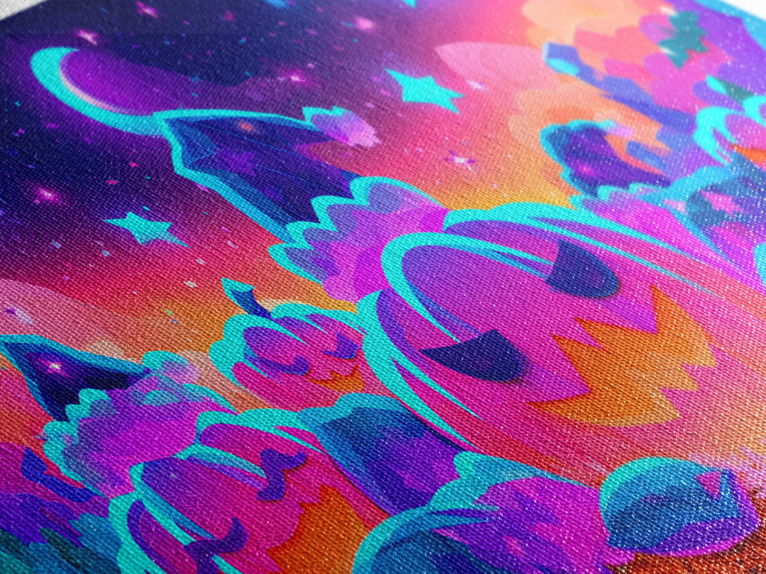 The Pumpkin Pajama Party, Synthwave Halloween Art, Wide Panoramic Art, Framed Canvas Print, Retro Halloween Decor, Neon Wall Art